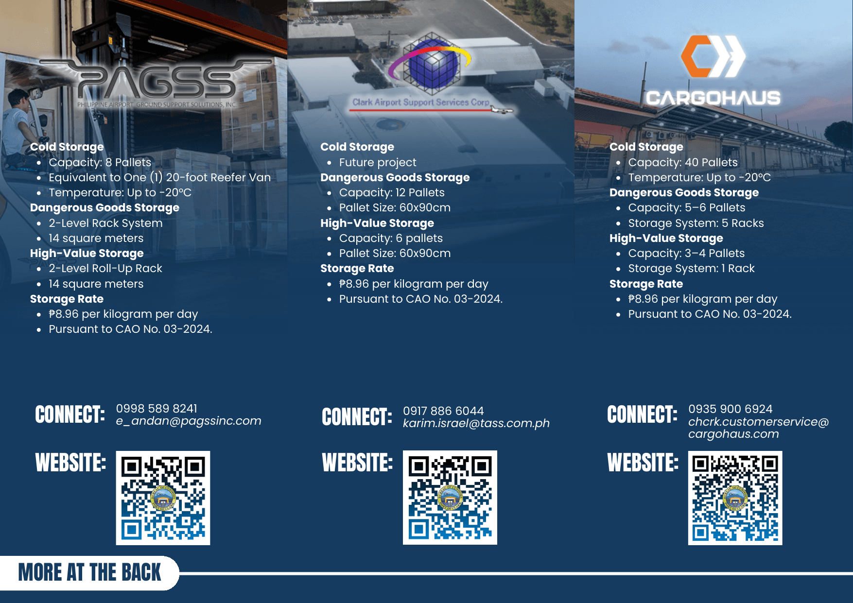 Warehouse facilities brochure details for PAGSS, CASSC, and Cargohaus